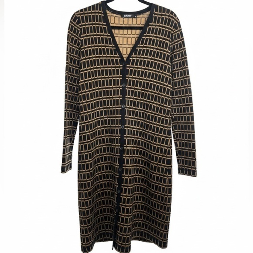 DKNY plaid knit long cardigan sweater • M